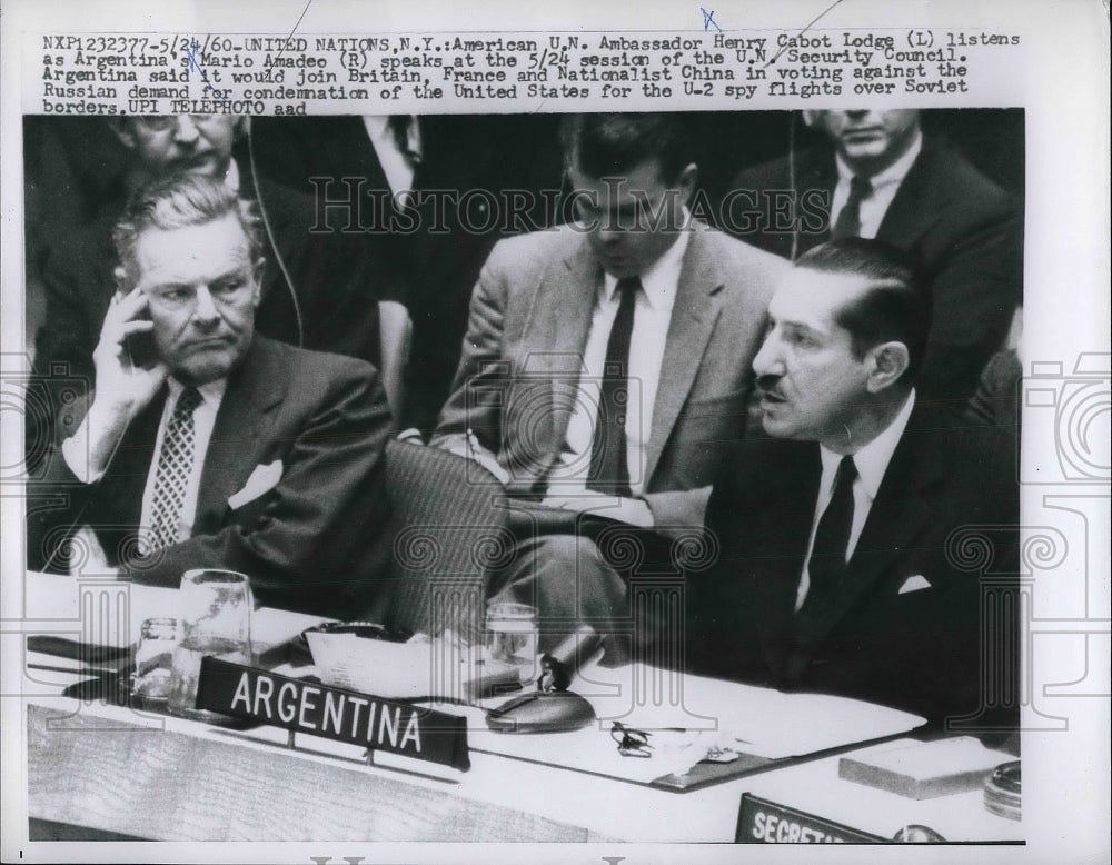 1960 Press Photo US Ambass To UN Henry Lodge Listens To Argentina&#39;s mario Amadeo - Historic Images