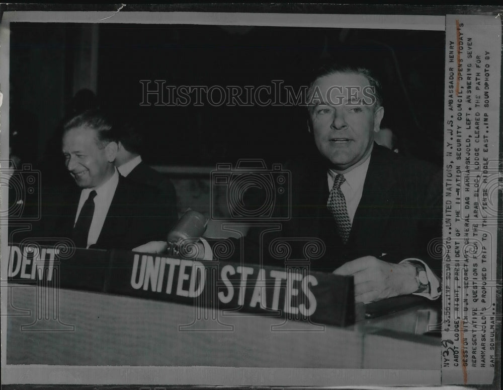 1956 Press Photo NY, UN US Amb Henry Cabot Lodge &amp; Sec Gen Dag Hammarskjold - Historic Images