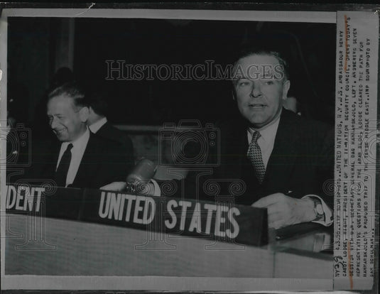 1956 Press Photo NY, UN US Amb Henry Cabot Lodge & Sec Gen Dag Hammarskjold - Historic Images