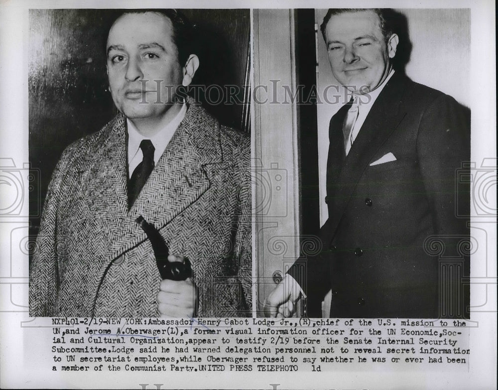 1953 Press Photo NYC, UN Amb. Henry C Lodge Jr &amp; Jerome Oberwager - neb16772 - Historic Images
