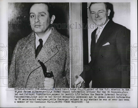1953 Press Photo NYC, UN Amb. Henry C Lodge Jr & Jerome Oberwager - neb16772 - Historic Images
