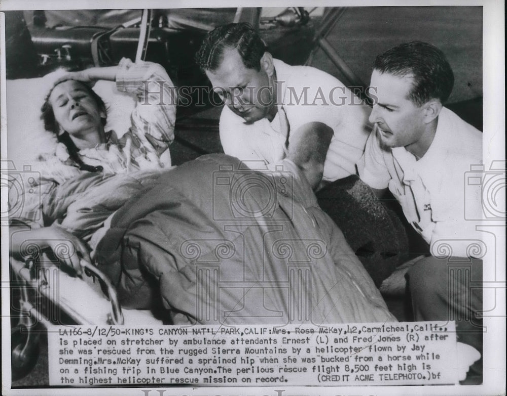 1950 Press Photo Rose McKay &amp; Fred Jones rescued from Rugged Sierra Mountains - Historic Images