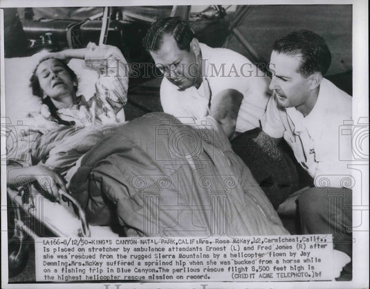 1950 Press Photo Rose McKay & Fred Jones rescued from Rugged Sierra Mountains - Historic Images