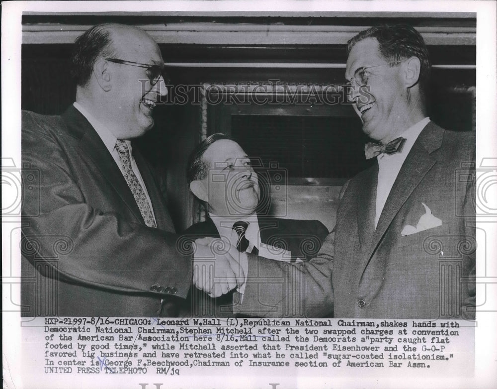 1954 Press Photo Leonard W. Hall Stephen Mitchell Democratic National Chairman - Historic Images