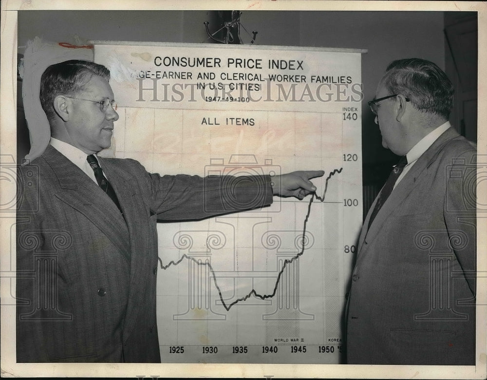 1953 Press Photo Commissioner Of Labor Statistics Evan Clague Showing Graph - Historic Images