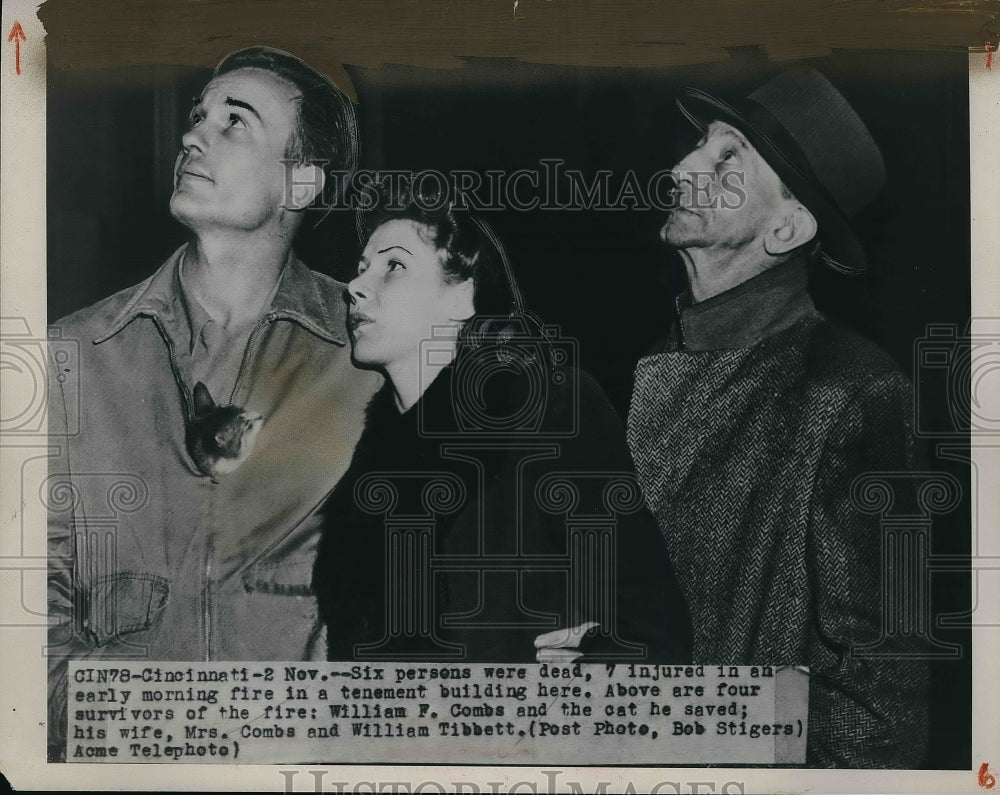 1949 Press Photo Mr and Mrs William Combs and William Tibbett after leaving fire - Historic Images