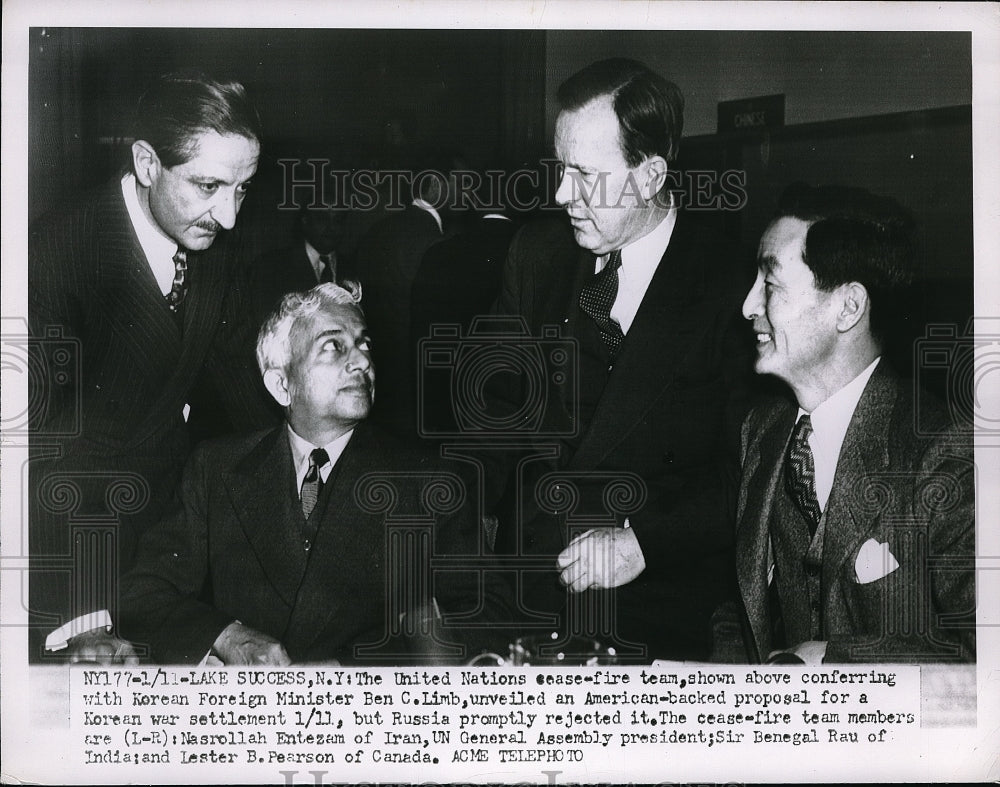 1951 Press Photo UN ministers,BC Limb,N Entezam,Sir B Rau &amp; LB Pearson - Historic Images