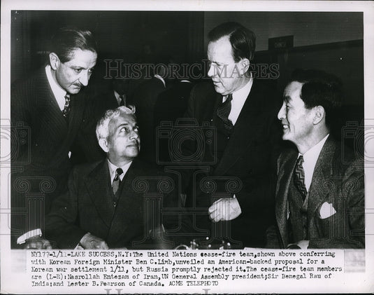 1951 Press Photo UN ministers,BC Limb,N Entezam,Sir B Rau & LB Pearson - Historic Images