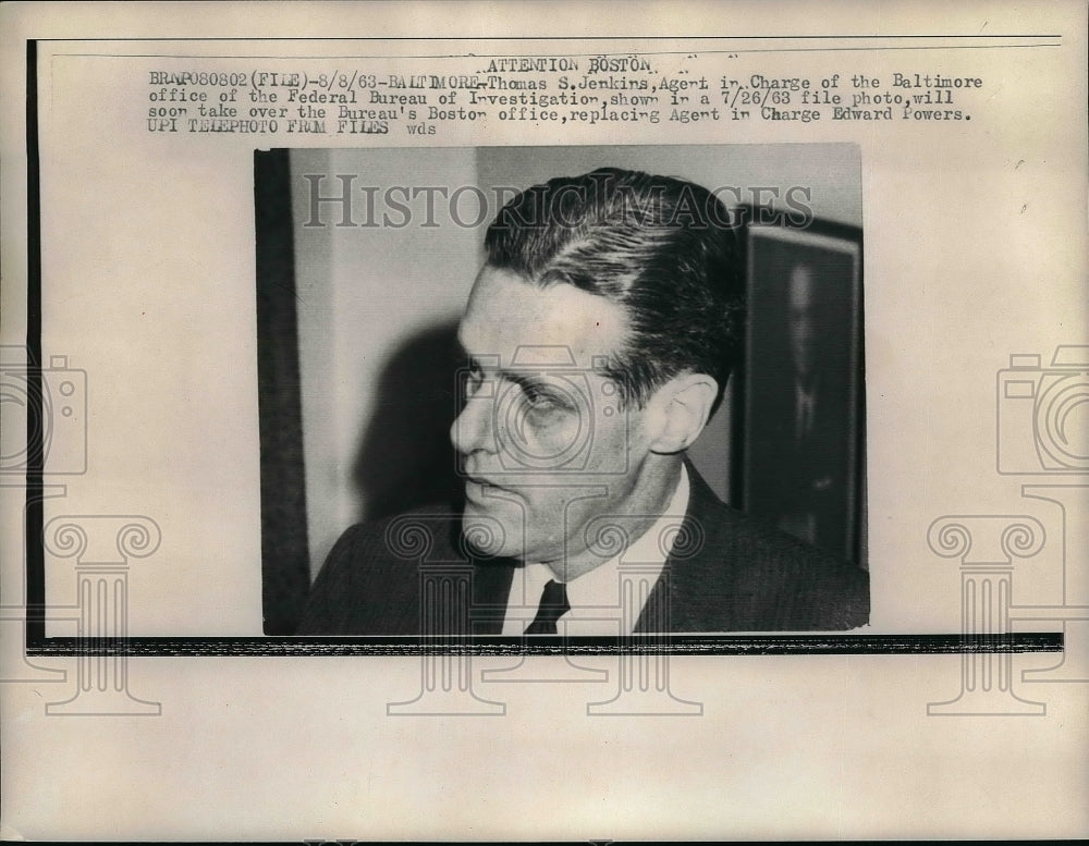 1963 Press Photo Thomas S. Jenkins, Agent in Charge of Baltimore office of FBI - Historic Images