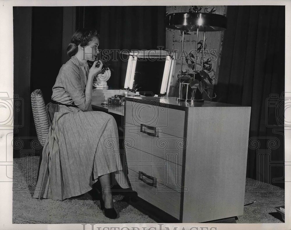 1949 Pat McCabe sits at Spacemaker, Vanity-desk unit-Historic Images