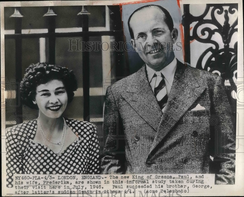 1947 Press Photo King Paul of Greece and Wife Frederika at Visit in London - Historic Images