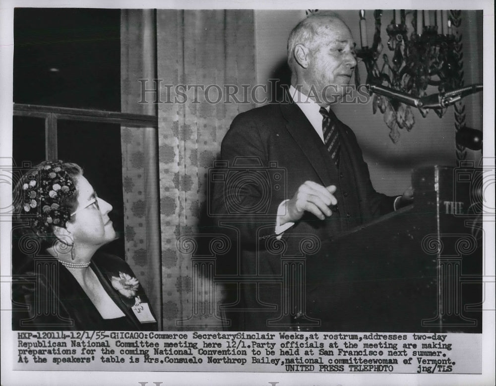 1955 Press Photo Commerce Sec. Sinclair Weeks, Mrs. Consuelo Northrop Bailey - Historic Images