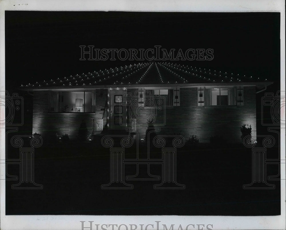 1967 Christmas Lights on Roof and Door of House, Decorations - Historic Images