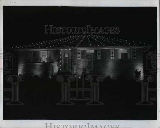 1967 Christmas Lights on Roof and Door of House, Decorations - Historic Images