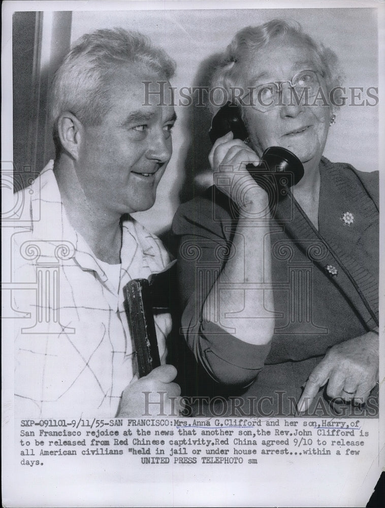 1955 Press Photo Mrs. Anna G. Clifford and her son San Francisco - Historic Images