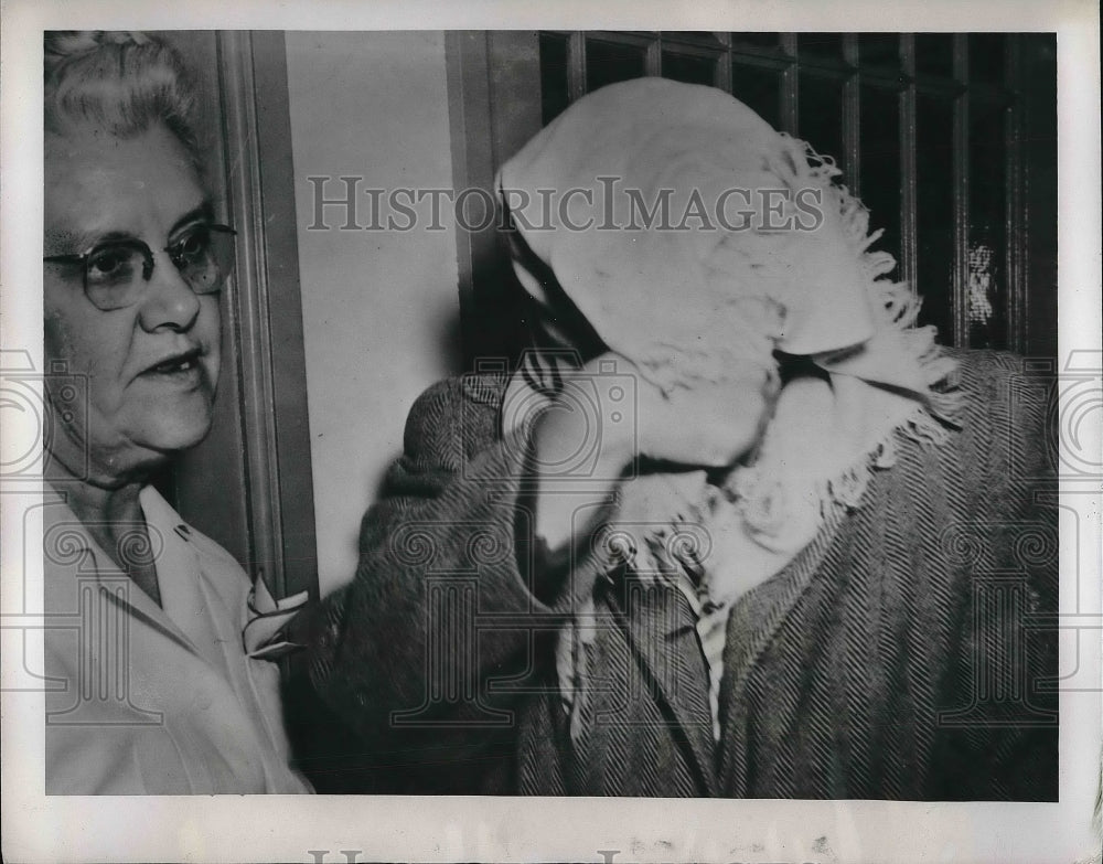 1945 Mrs. Helen Budnik Covers Face Questioned for Slaying - Historic Images