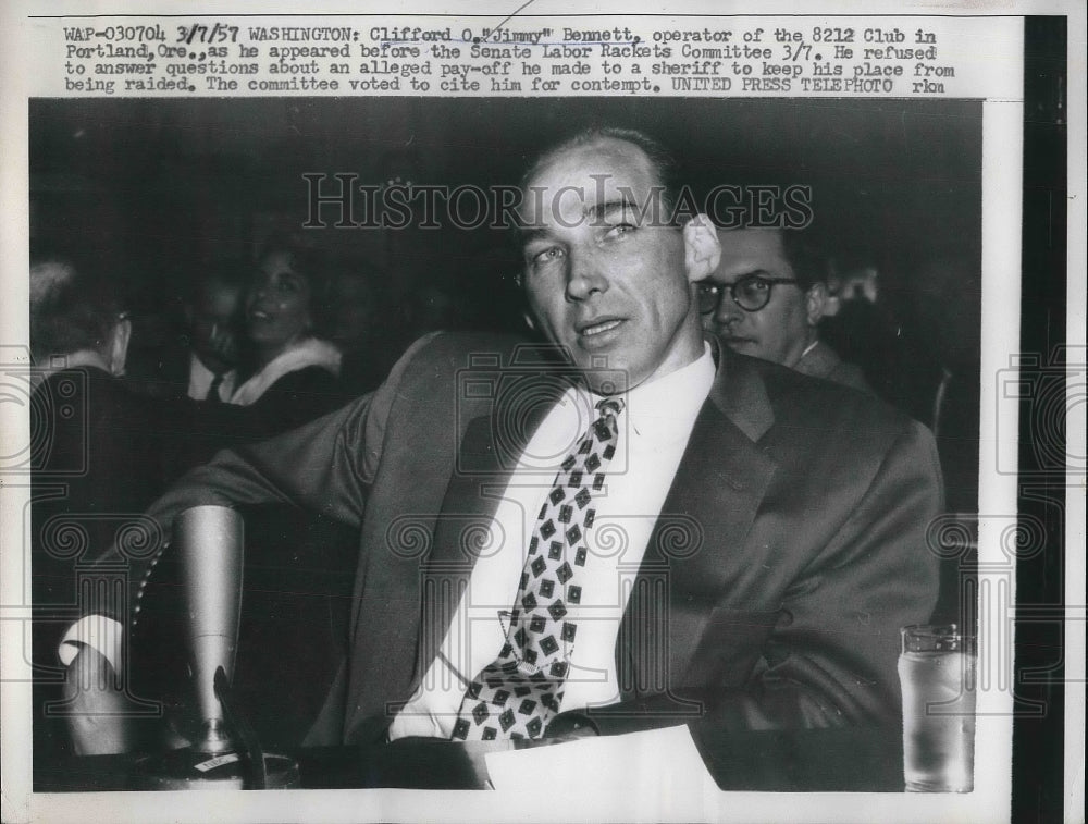 1957 Press Photo Clifford Jimmy Bennett 812 Club Portland Senate Labor Trial - Historic Images