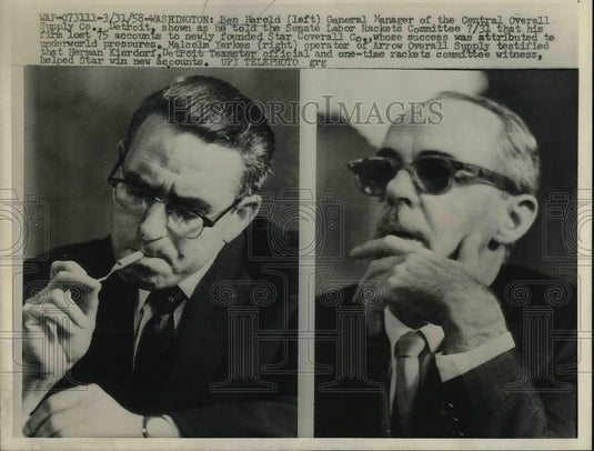 1958 Press Photo Ben Harold, Central Overall Supply Co., Senate Rackets Comm. - Historic Images