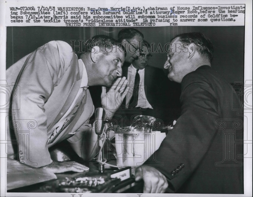 1958 Press Photo Rep. Oren Harris, Attorney Roger Robb, At a Hearing - Historic Images