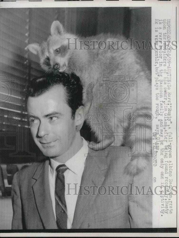 1959 Press Photo Jim Glass With Albino Raccoon Rusty-Historic Images