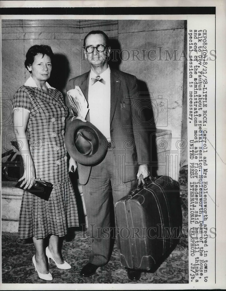1958 Press Photo Carroll and Mrs. Hollensworth in Little Rock Talk Gov. Faubus-Historic Images