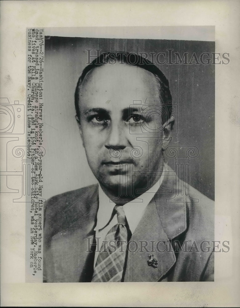 1948 Press Photo Harvey Haeberle, Navy film expert, found strangled with sheets - Historic Images