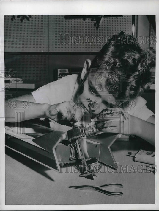 1956 Press Photo Boy Using Needle Nose Pliers on Hobby Project, Model - Historic Images