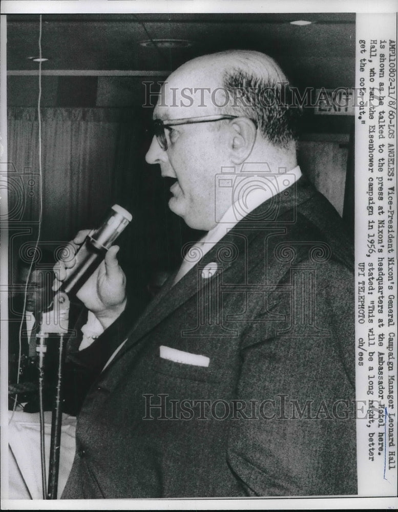 1960 Press Photo Nixon's campaign manager Leonard Hall at Nixon's HQ in L.A. - Historic Images