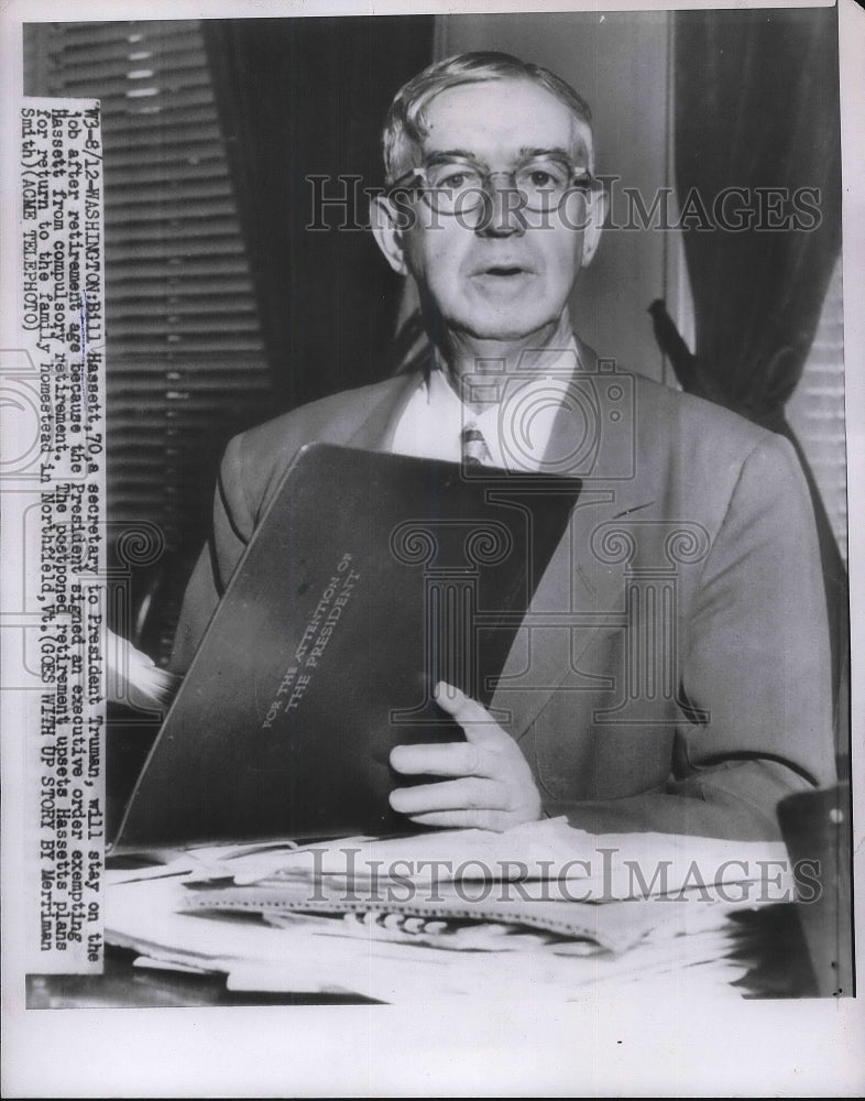 1950 Bill Hassett Secretary To President Truman To Stay On Job - Historic Images