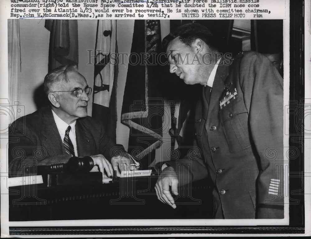 1958 Press Photo Gen. Bernard Sphreiver and Rep. John McCormack - Historic Images