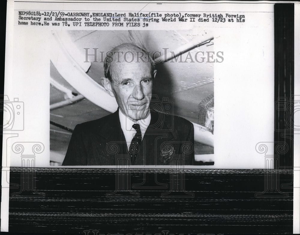 1959 Press Photo Lord Halifax, Former British Foreign Secretary & Ambassador - Historic Images