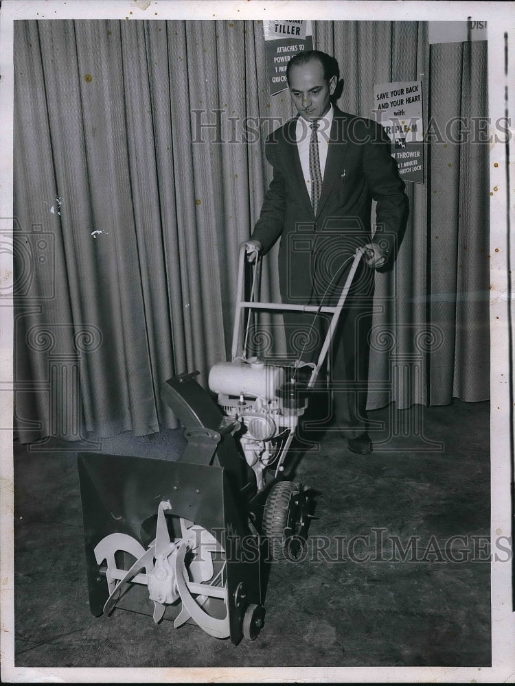 1956 Press Photo Stan Peruo Demos Power Boy Snow Blower-Historic Images