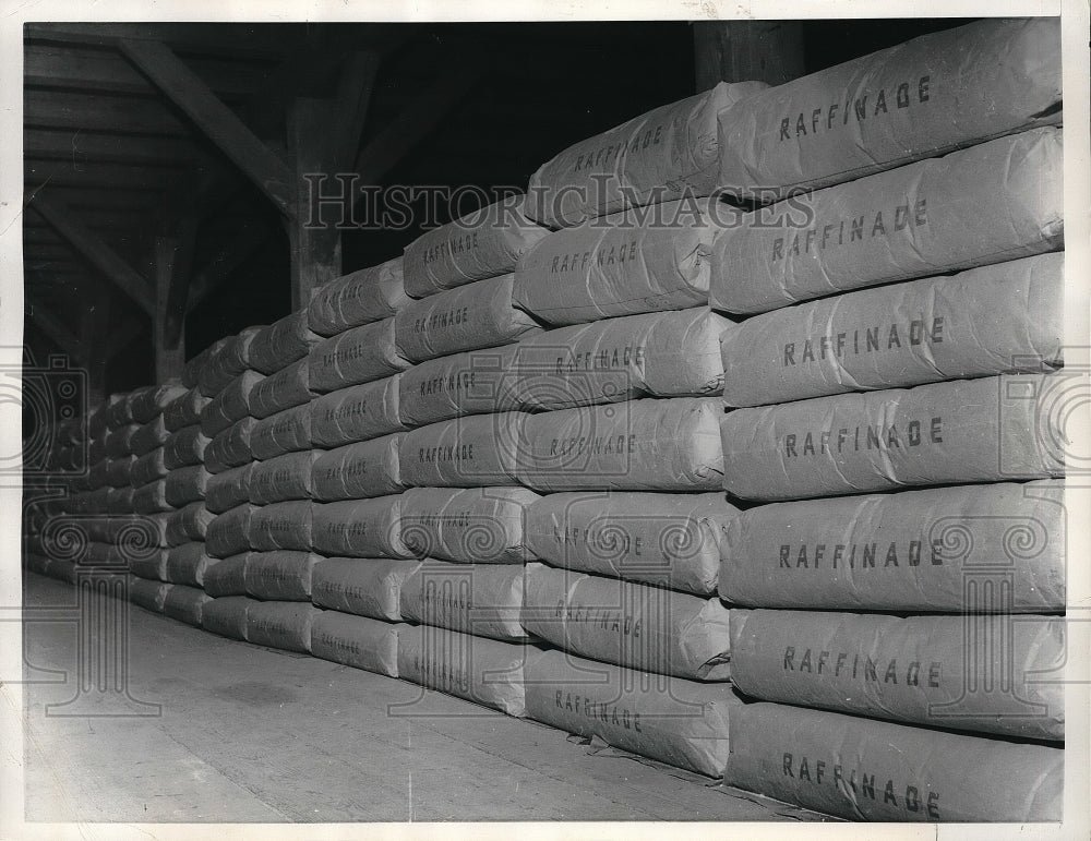 1958 Press Photo Sacks of sugar in a German warehouse - Historic Images