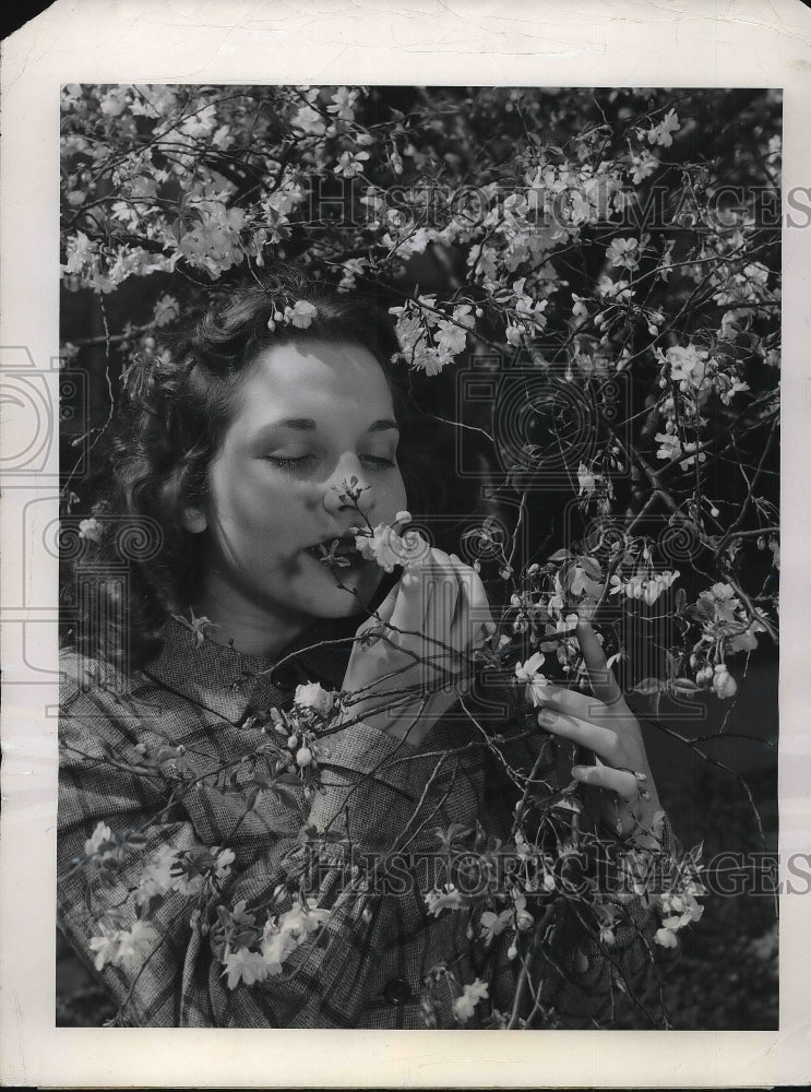 1948 Betty Jadot Sniffs Cherry Blossoms in Harmarville, PA-Historic Images