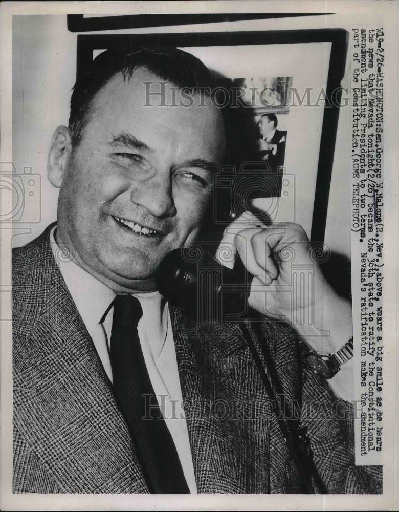 1951 Press Photo Nevada Sen George Malone Receives Word Of Nevada's Signing - Historic Images