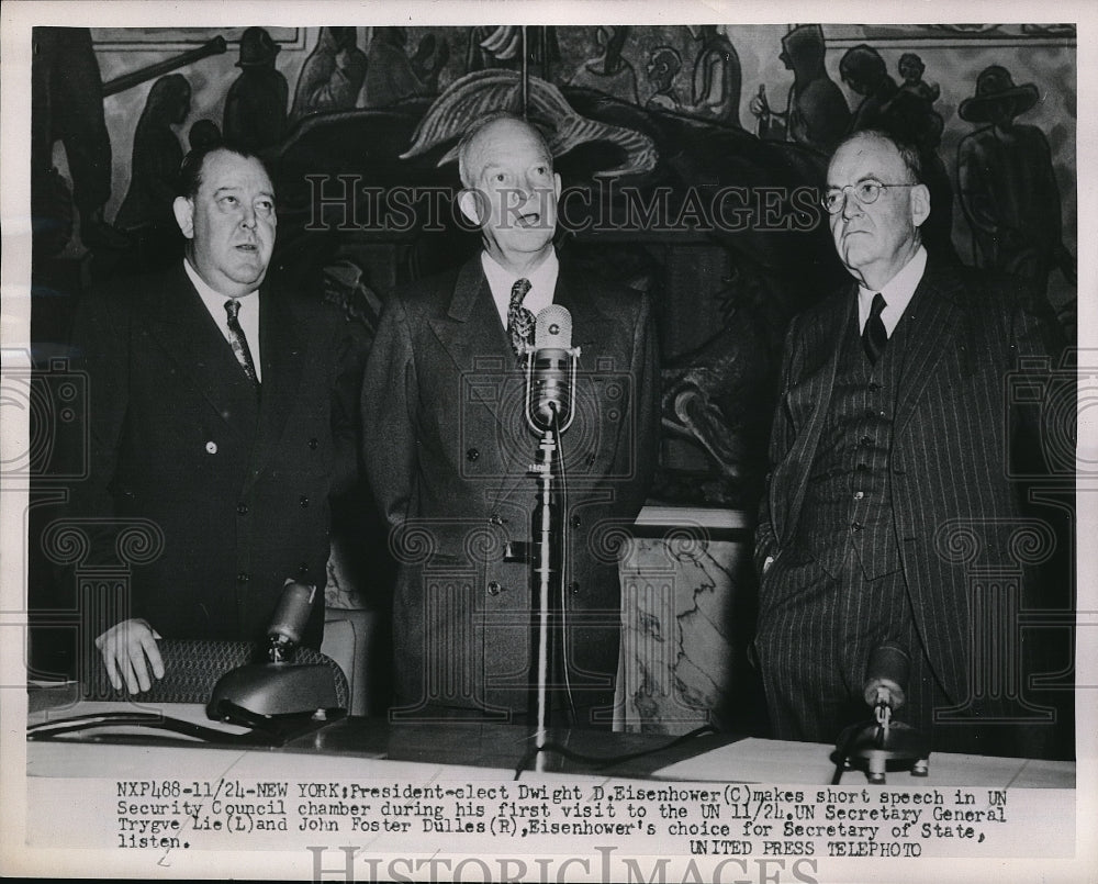 1952 Press Photo Pres. elect Dwight Eisenhower,UN Sec Gen T Lie,John F Dulles - Historic Images