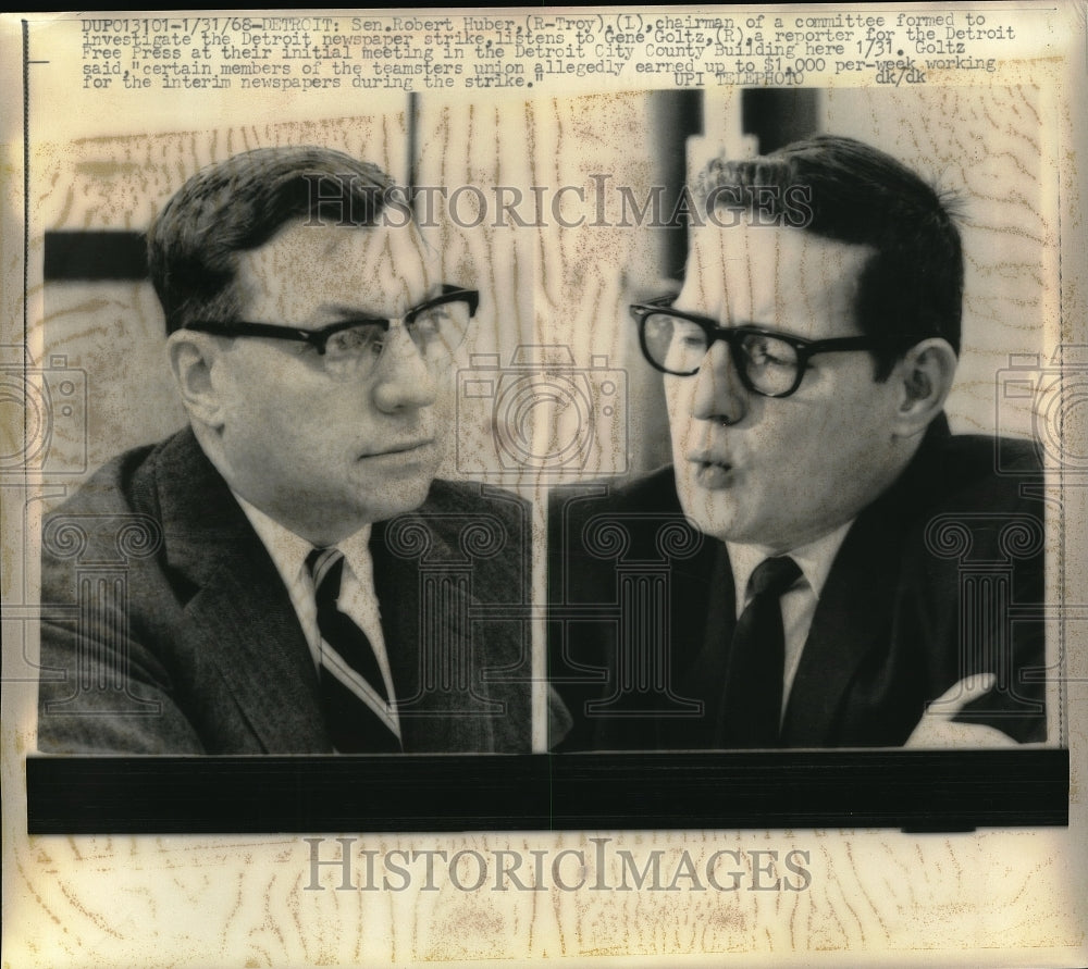 1968 Press Photo Sen. Robert Huber, Reporter Gene Goltz for Detroit Free Press - Historic Images