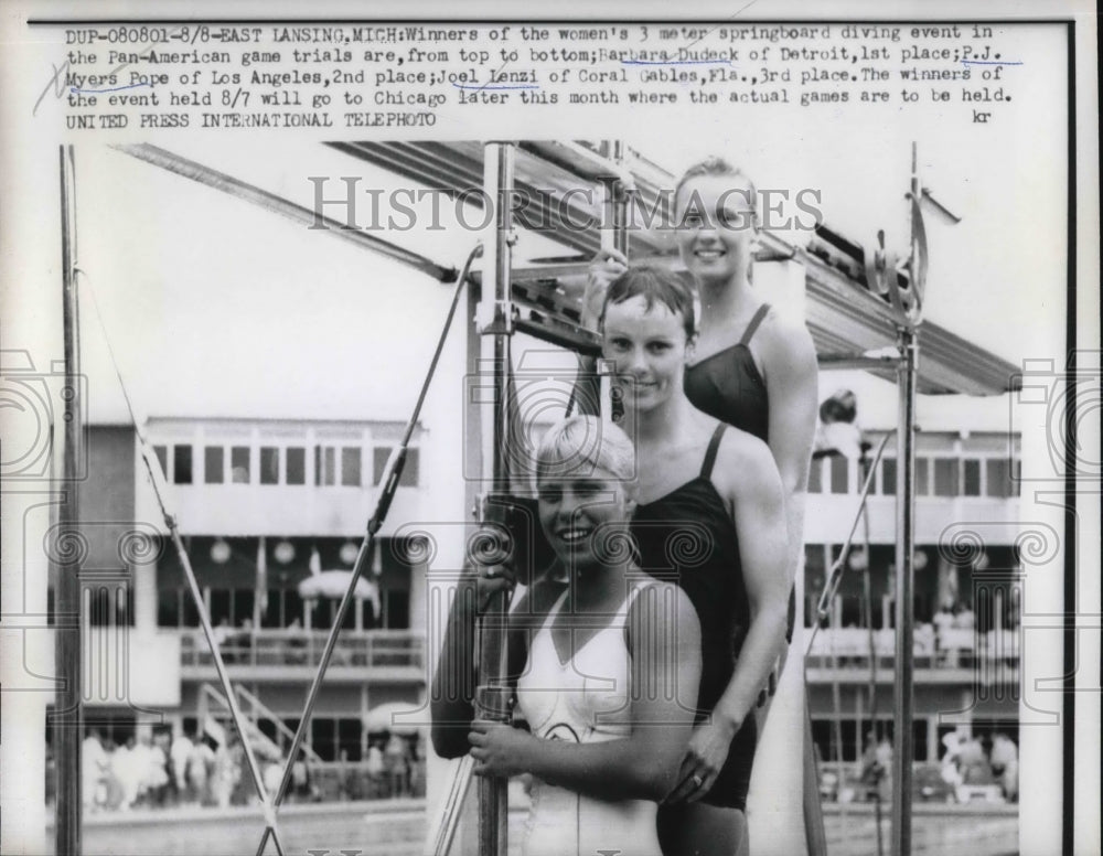 1959 Press Photo Barbara Dudeck, P.J. Pope and Joel Lenzi at diving event - Historic Images