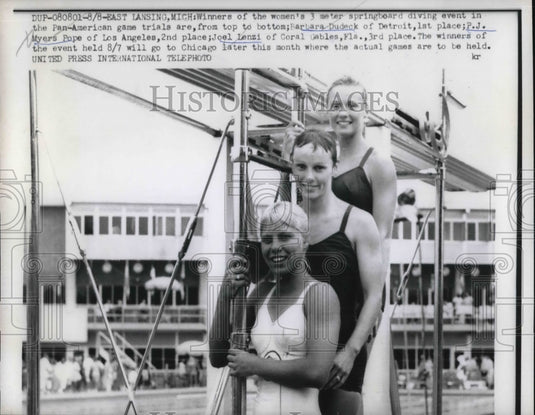 1959 Press Photo Barbara Dudeck, P.J. Pope and Joel Lenzi at diving event - Historic Images