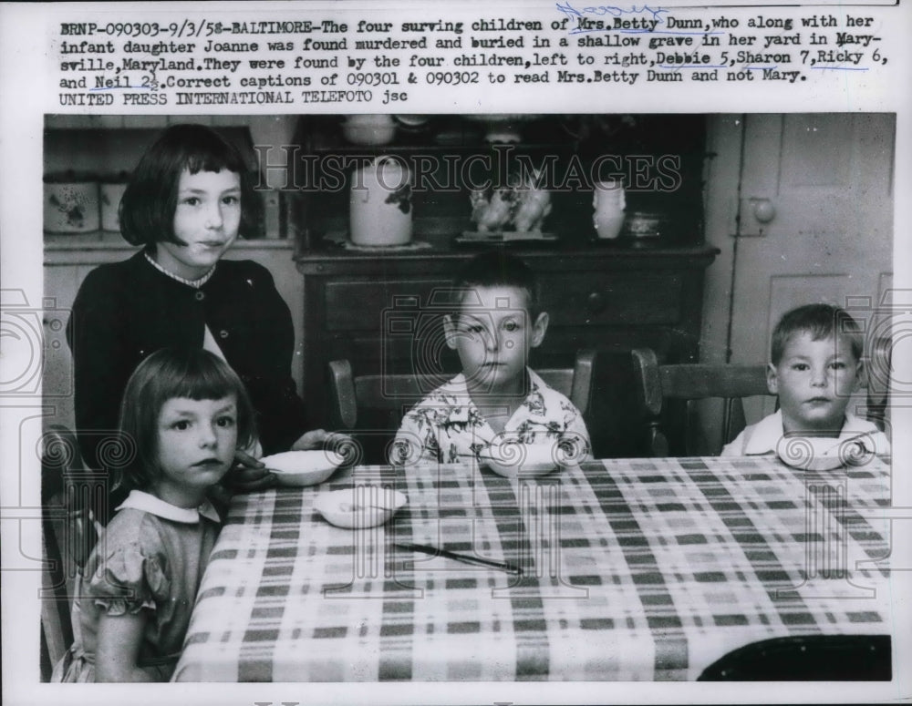 1958 Press Photo Debbie, Sharon, Ricky, Neil 4 Surviving Children of Betty Dunn - Historic Images