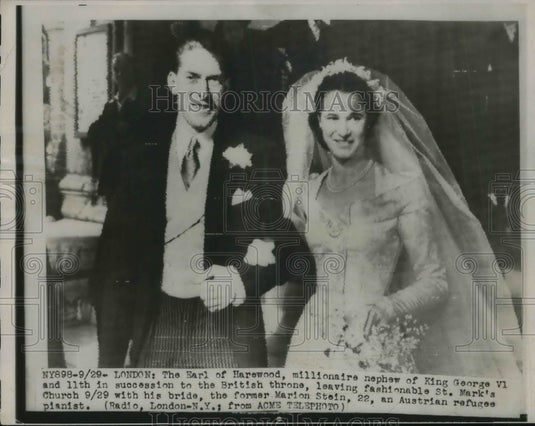 1949 Press Photo The Earl of Harewood with his bride Marion Stein - Historic Images