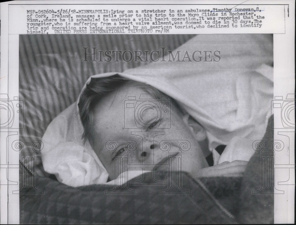 1958 Press Photo Timothy Donovan, 8, to undergo vital heart operation - Historic Images