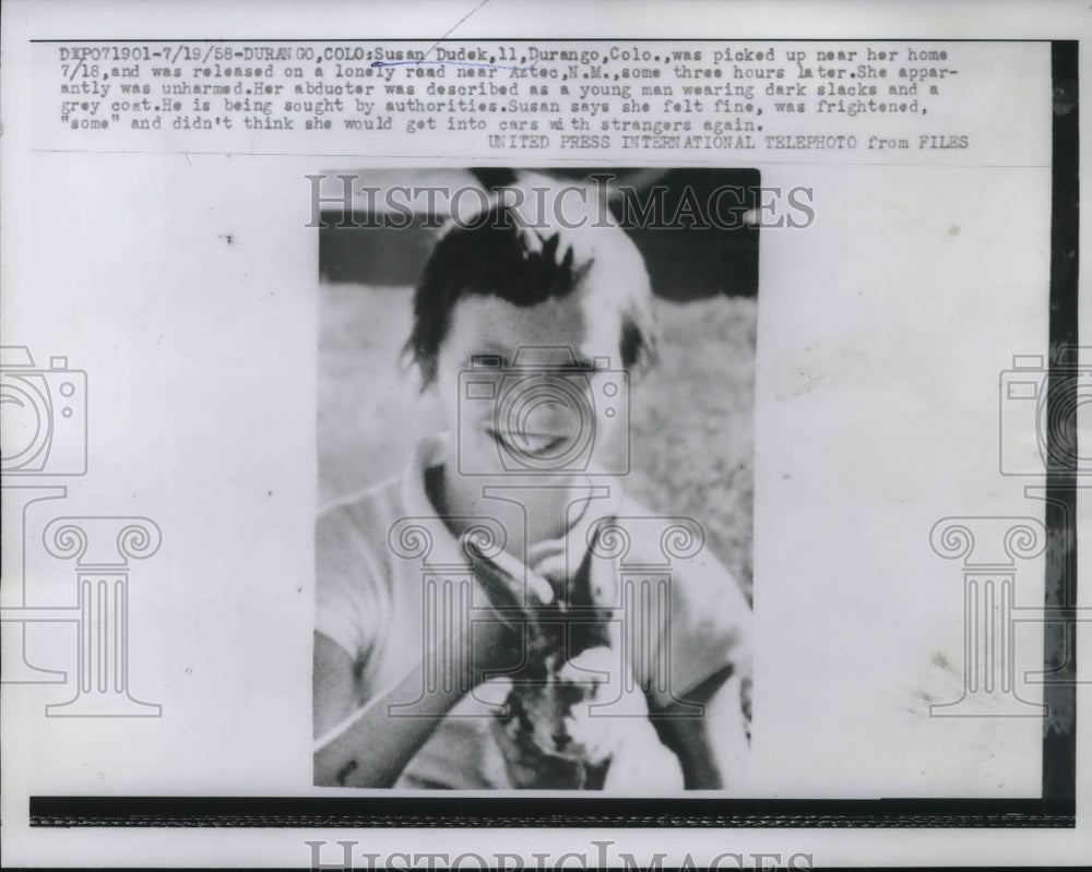 1958 Press Photo Susan Dudek, 11, was abducted near her home, Durango, Colorado - Historic Images