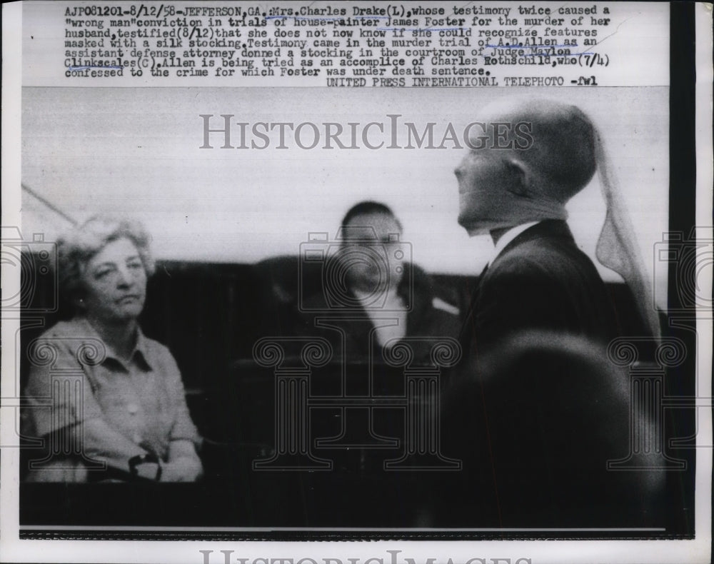 1958 Press Photo Mrs. Charles Drake testifies in murder trial of James Foster - Historic Images