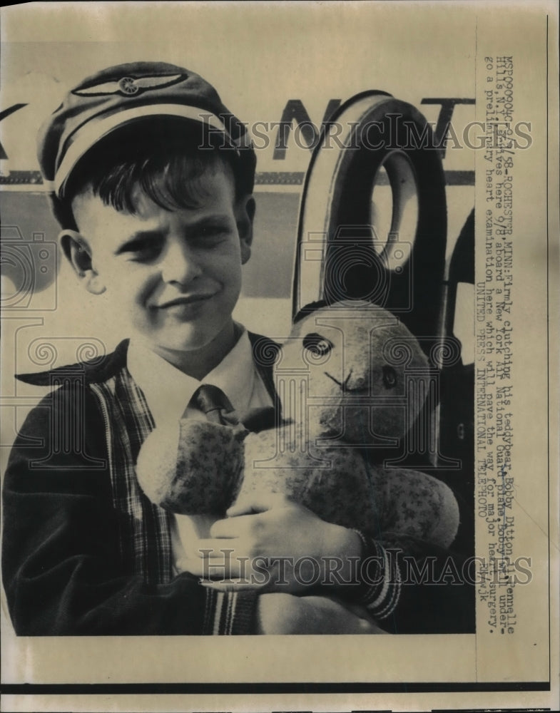 1958 Press Photo Bobby Ditton &amp; Teddy Bear Aboard NY Air National Guard - Historic Images