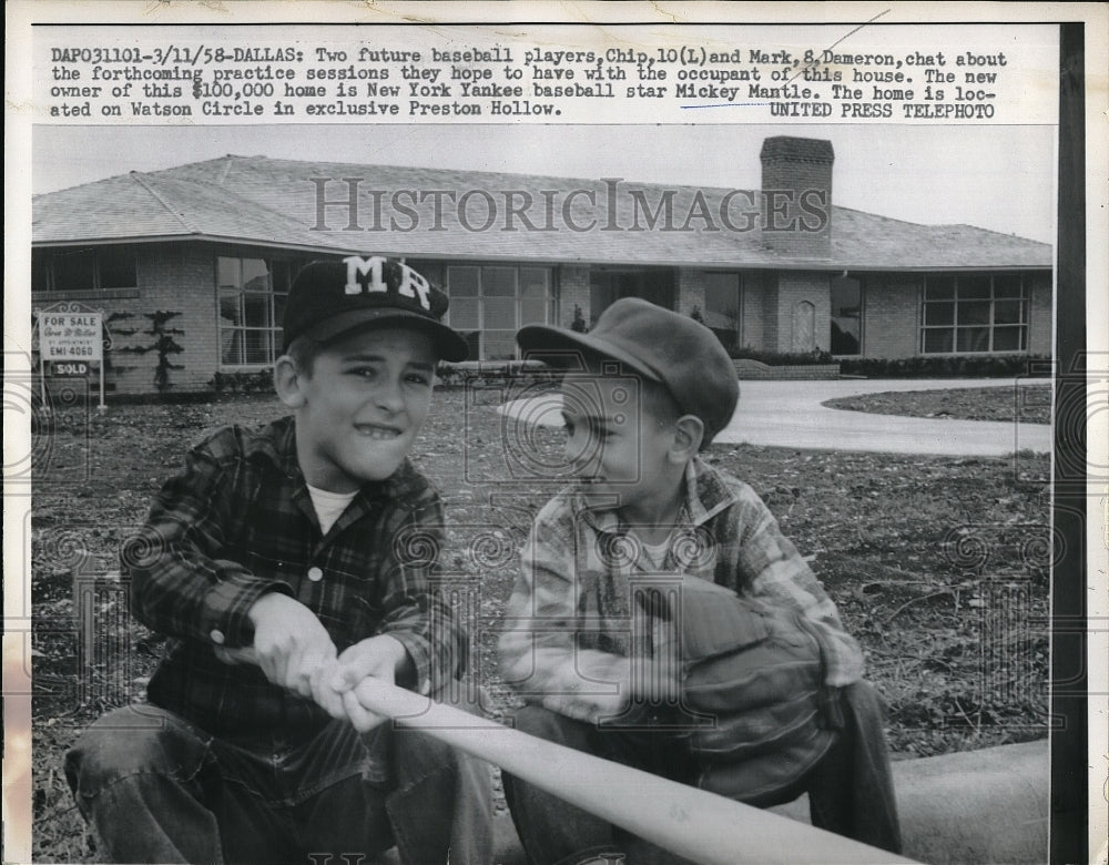 1958 Press Photo Future Baseball Players Chip &amp; Mark S. Damermon Holding Bat - Historic Images