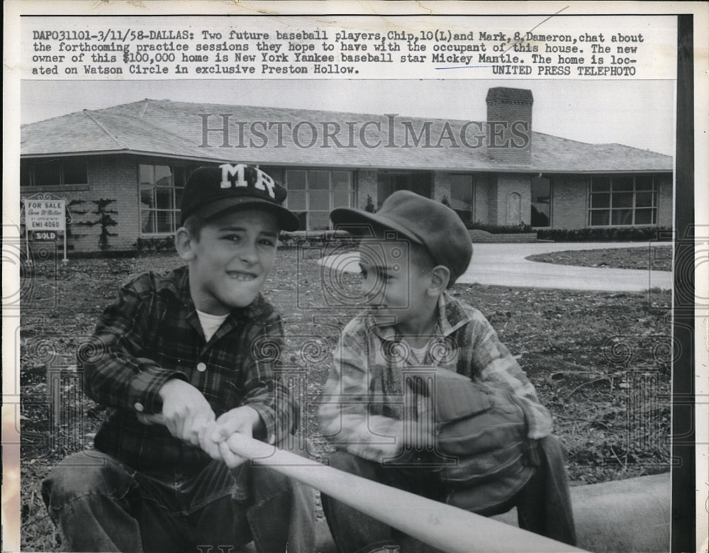 1958 Press Photo Future Baseball Players Chip & Mark S. Damermon Holding Bat - Historic Images