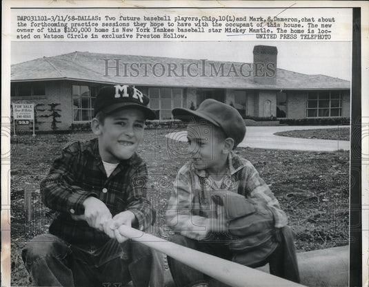 1958 Press Photo Future Baseball Players Chip & Mark S. Damermon Holding Bat - Historic Images
