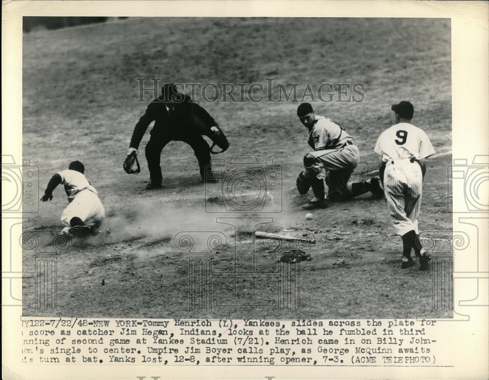 1948 Press Photo New York Yankees Tommy Henrich & Indians Catcher Jim Hagen - Historic Images