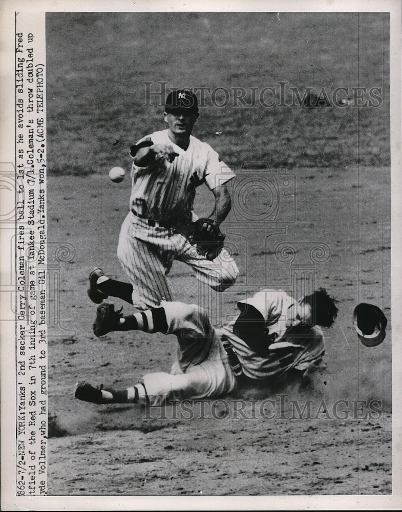 1951 Press Photo Gerry Coleman fires ball to 1st, Fred Hatfield slides - Historic Images